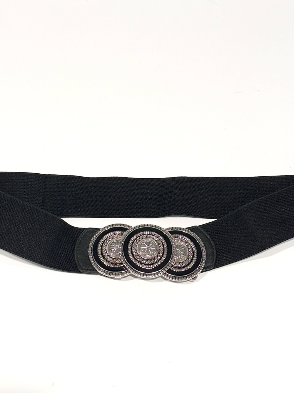 Vintage Black Elastic Belt w/ Silver Statement Buckle